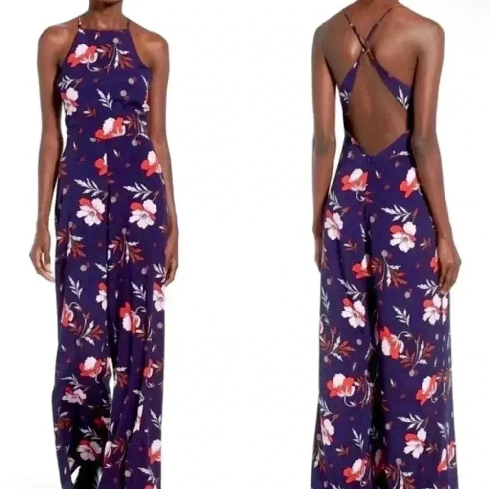 ASTR The Label cross‎ back wide leg jumpsuit navy